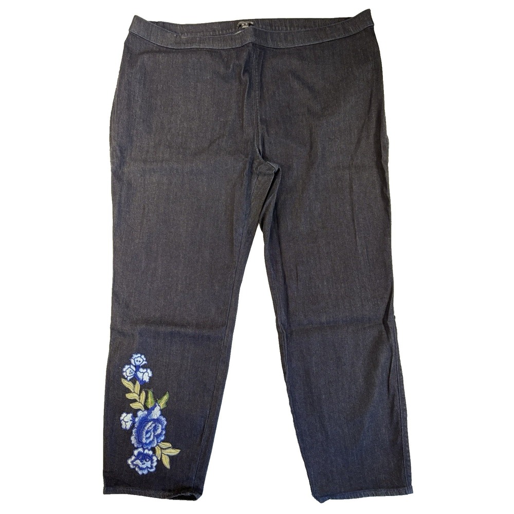 Susan Graver Jeans Women's 24W Dark Wash Pull On Ankle Embroidered Floral Boho
